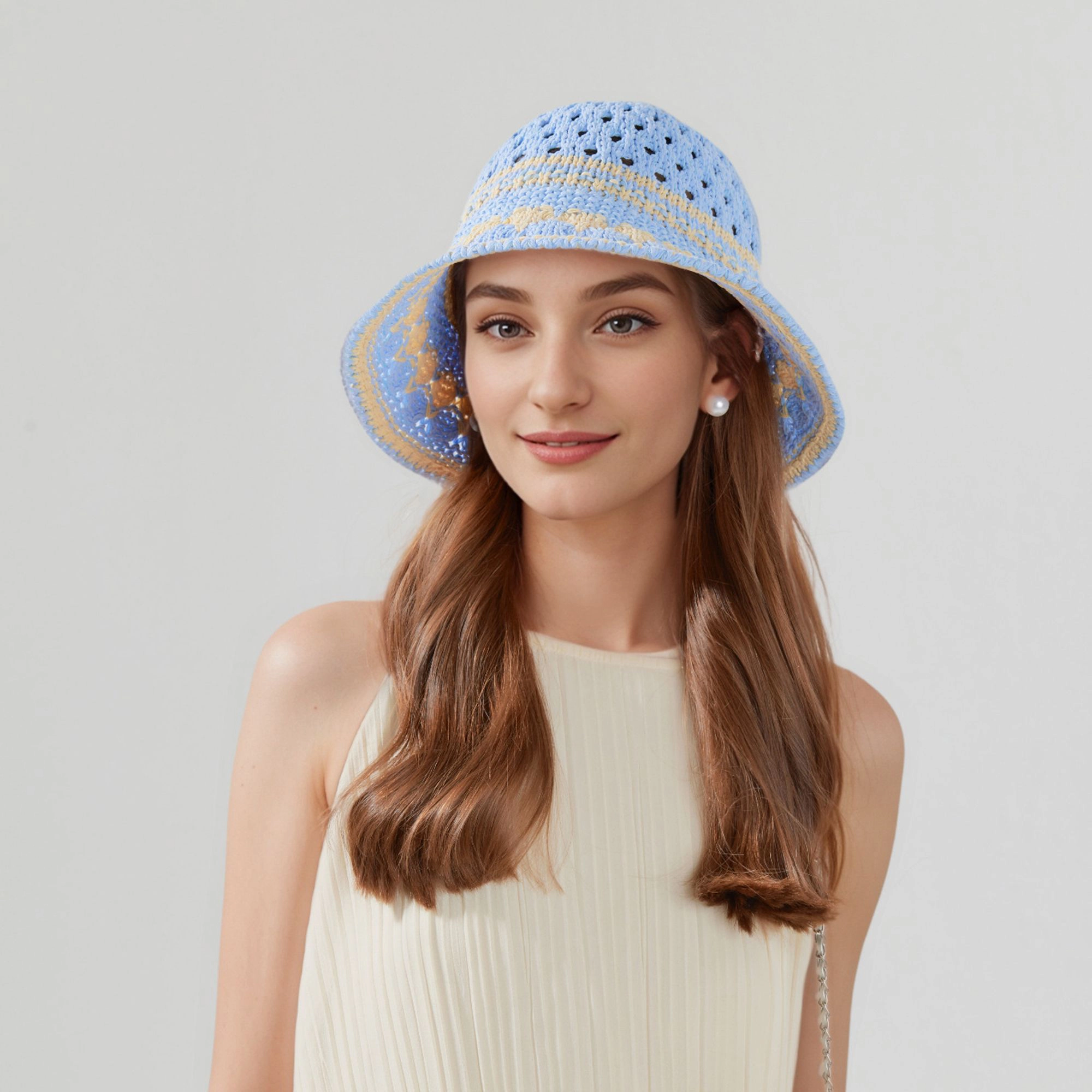 Anna-Kaci Women's Crochet Knit Bucket Hat with Openwork Floral Pattern and Rolled Brim for Lightweight Summer Style