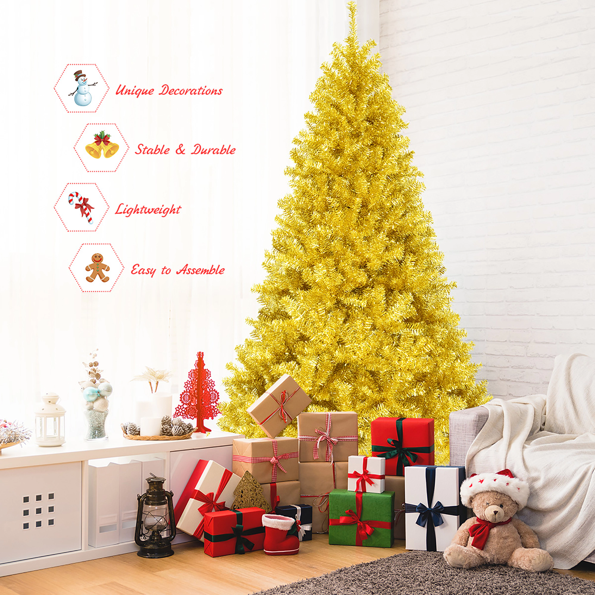 Costway 7.5ft Artificial Tinsel Christmas Tree w/1258 Tips Foldable Stand Champagne
