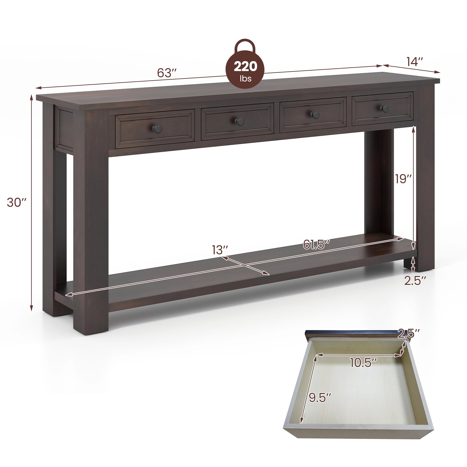 SUGIFT 63-in 220-lb Capacity Espresso Farmhouse Console Table with 4 Pre-Assembled Drawers and Open Shelf