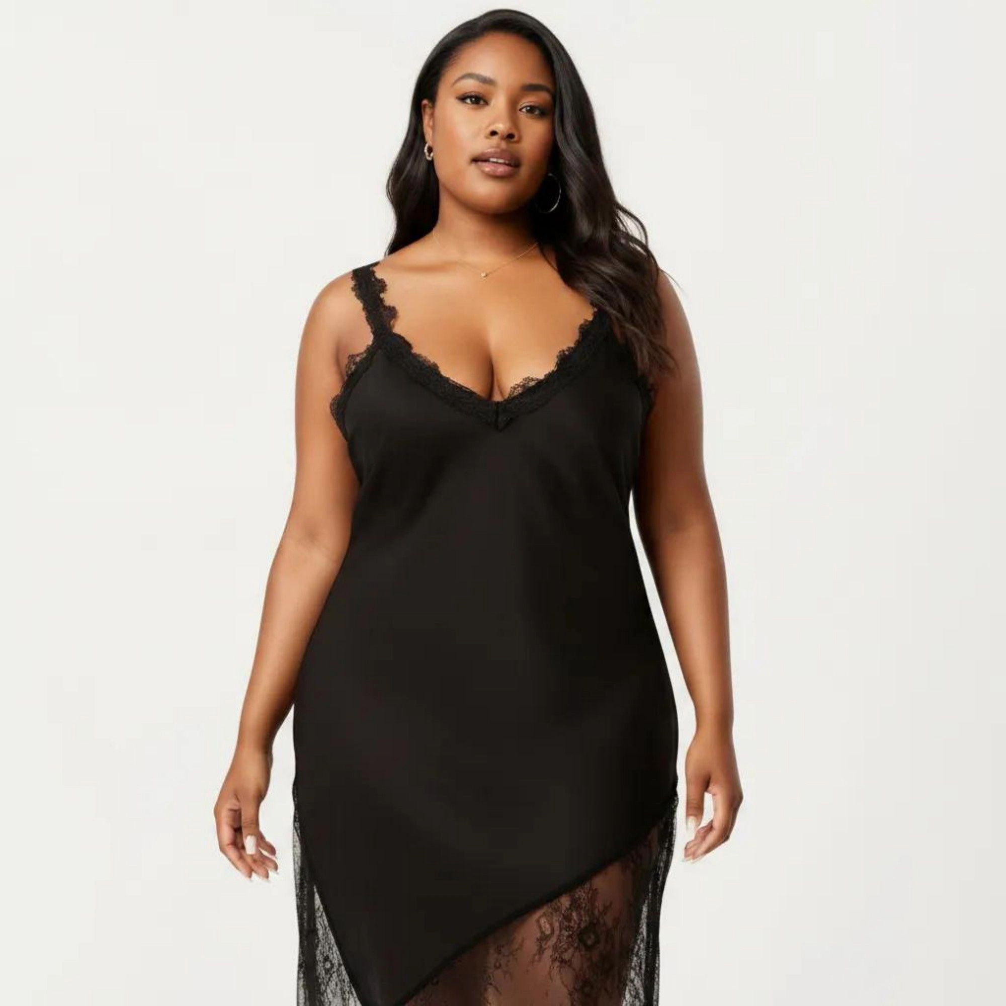 Anna-Kaci Women's Plus Lace Trim Slip Dress Asymmetrical Hem Sheer Mesh Nightgown Sleepwear