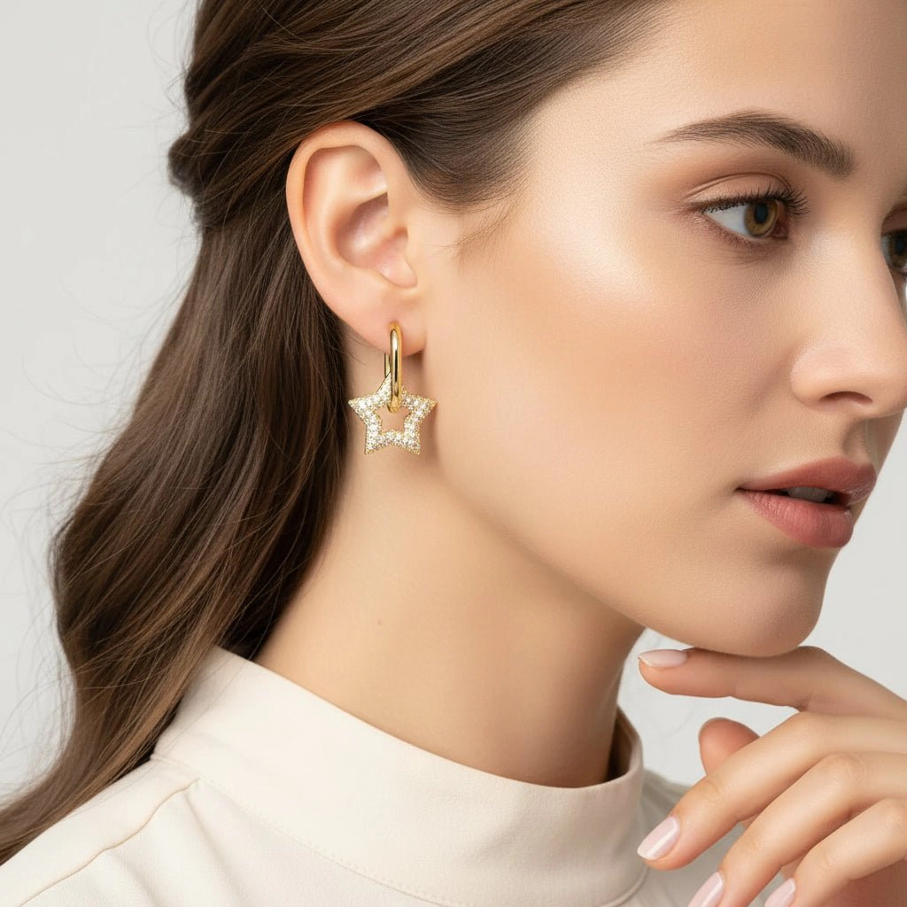DressAtR Women's Star Zircon Gold Tone Drop Earrings