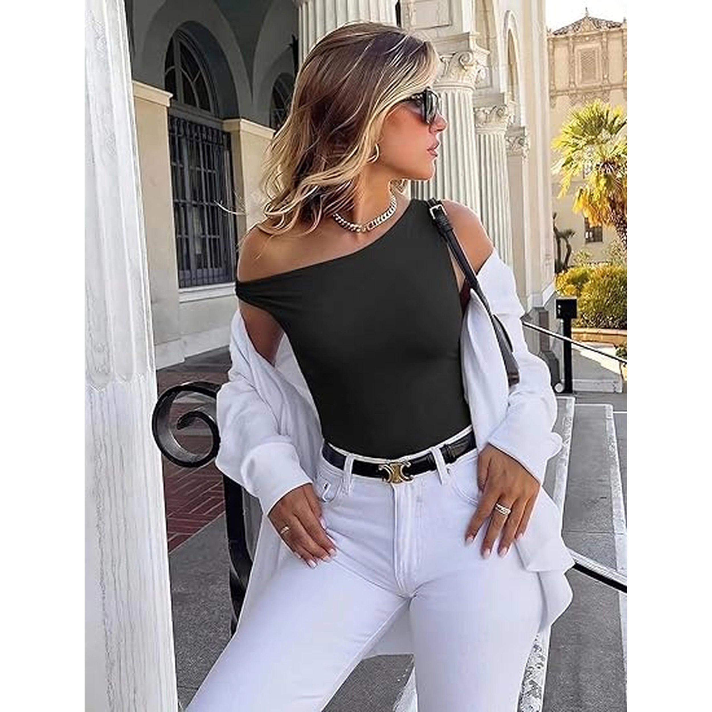Avidlove Women's Asymmetric Off Shoulder Double Lined Thong Snap Closure Bodysuit