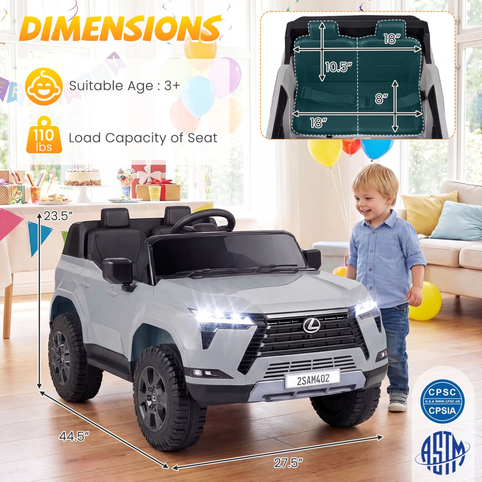 SUGIFT 24V 4WD Licensed LEXUS GX550 Ride-On Car with Remote 110-lb Capacity Ages 3+ Black Gray Pink White