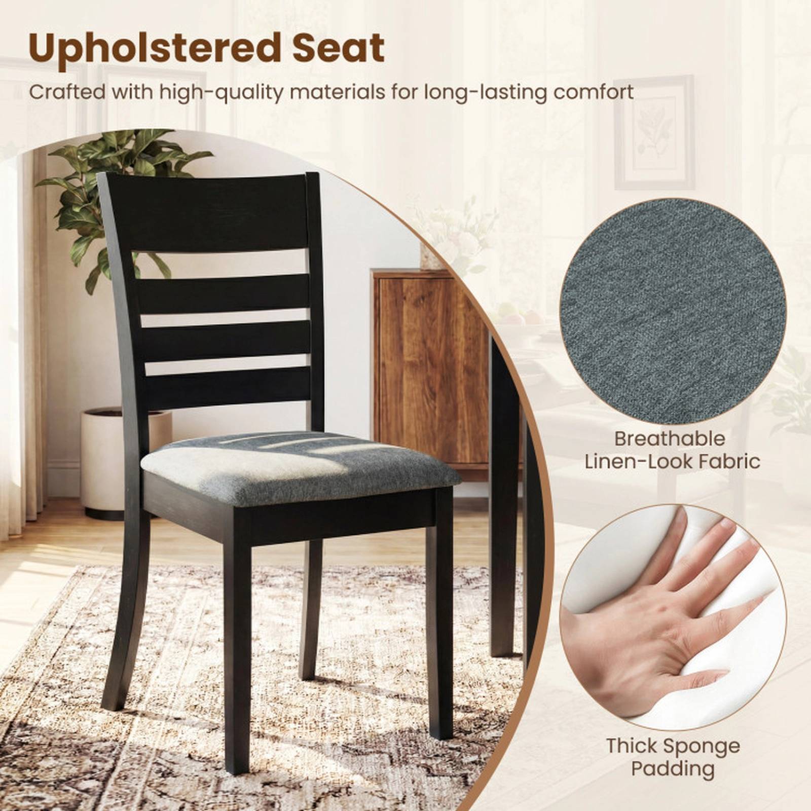 SUGIFT Set of 4 High Back Wooden Dining Chairs Upholstered Kitchen Chairs 346-lb Capacity Black Frame Dark Gray Seat