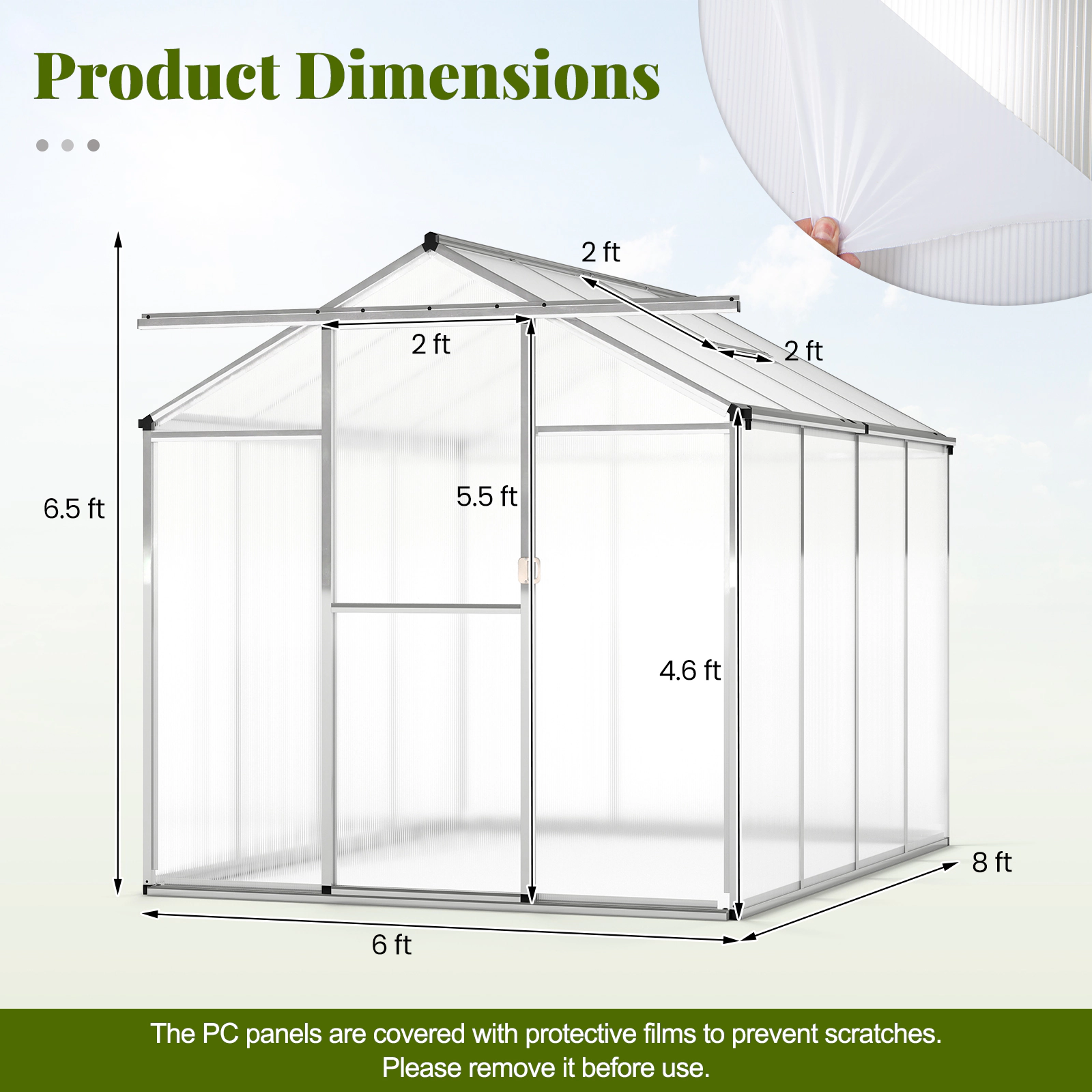 SUGIFT 6-ft x 8-ft Walk-In Polycarbonate Greenhouse with Aluminum Frame Rain Gutters and Roof Vent