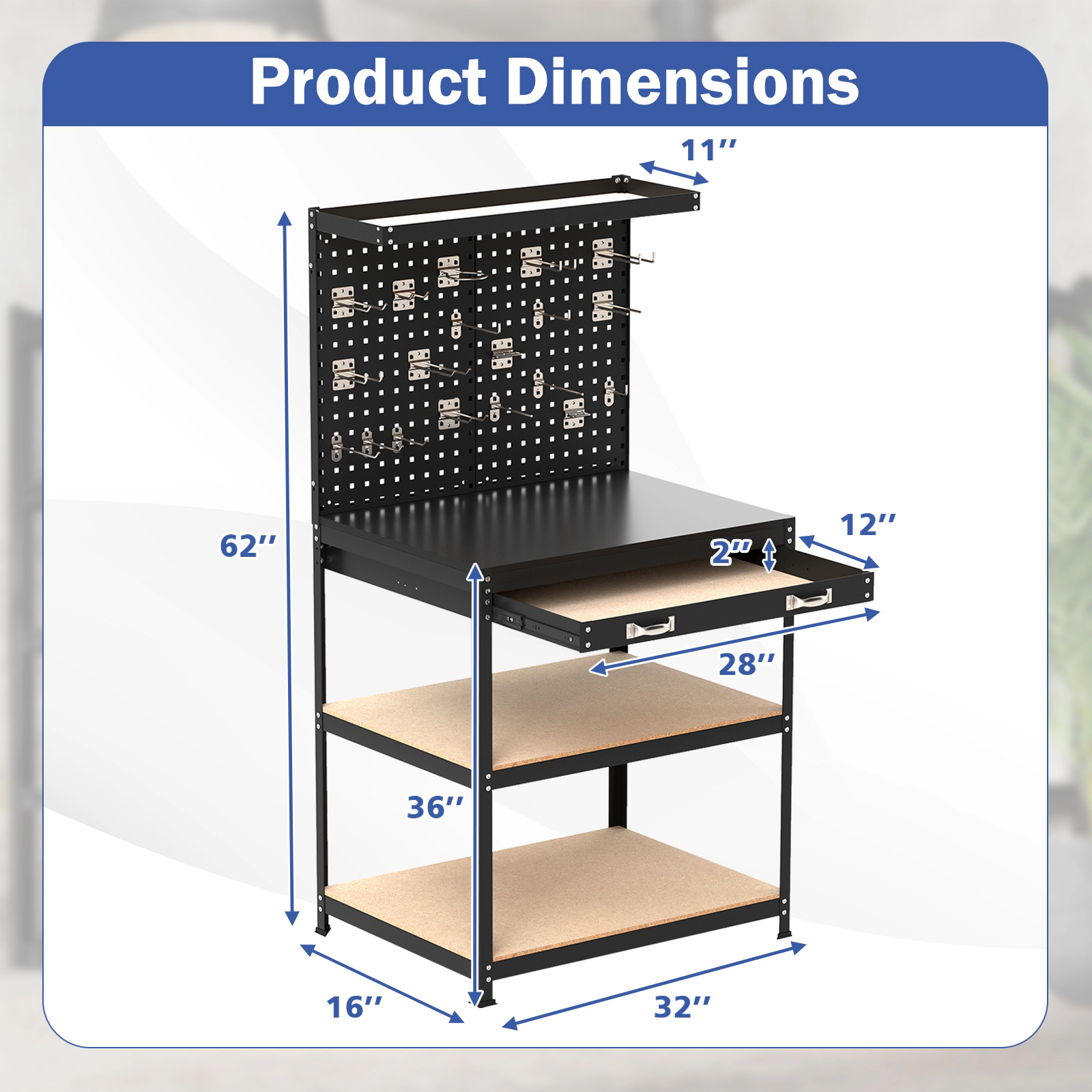 SUGIFT 32 x 16 in Heavy-Duty Workbench Work Table with 2 Pegboards Drawer 2 Shelves 495-lb Total Capacity Black