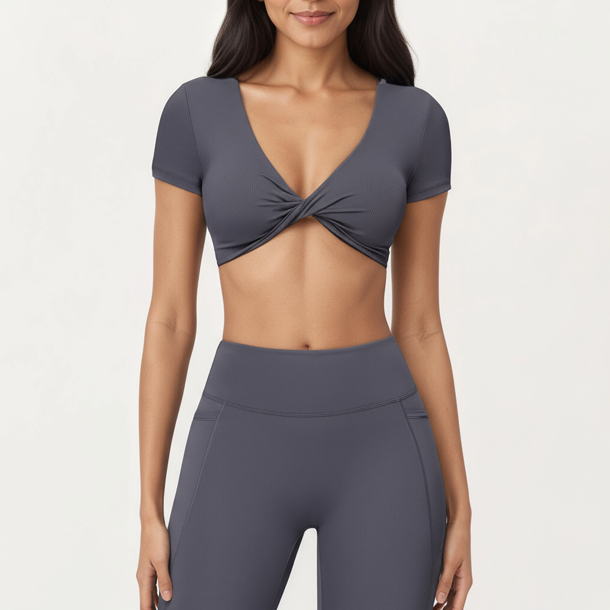 Anna-Kaci Women's Short Sleeve Twist Front V-Neck Crop Active Top