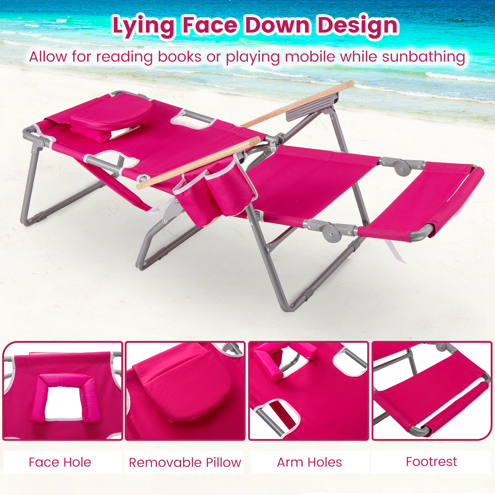 SUGIFT 3-in-1 Foldable Beach Chair Peach with Face Hole Footrest and Adjustable Backrest