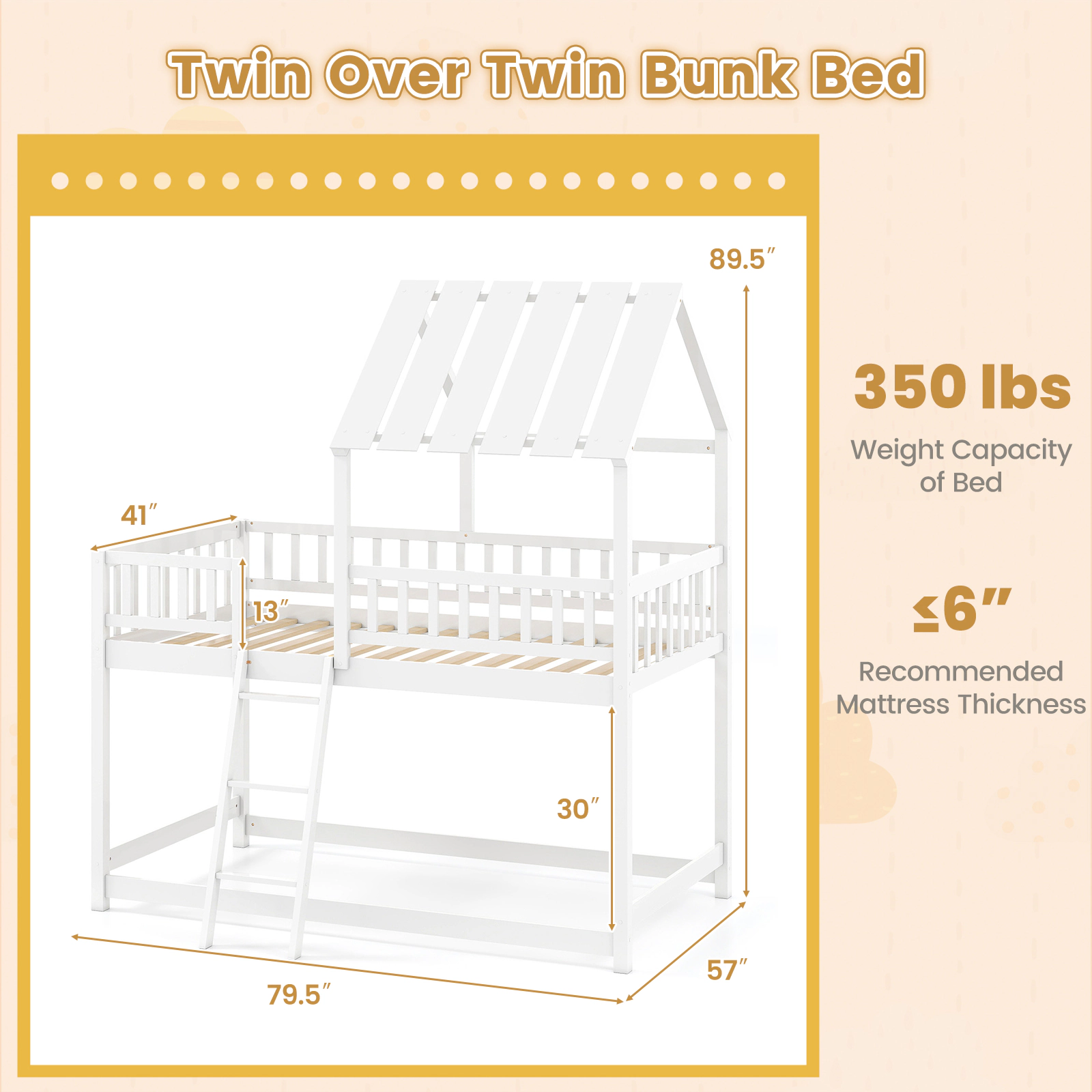 SUGIFT White Roof and Full-Length Guardrails Twin Over Twin Kids House Bunk Bed