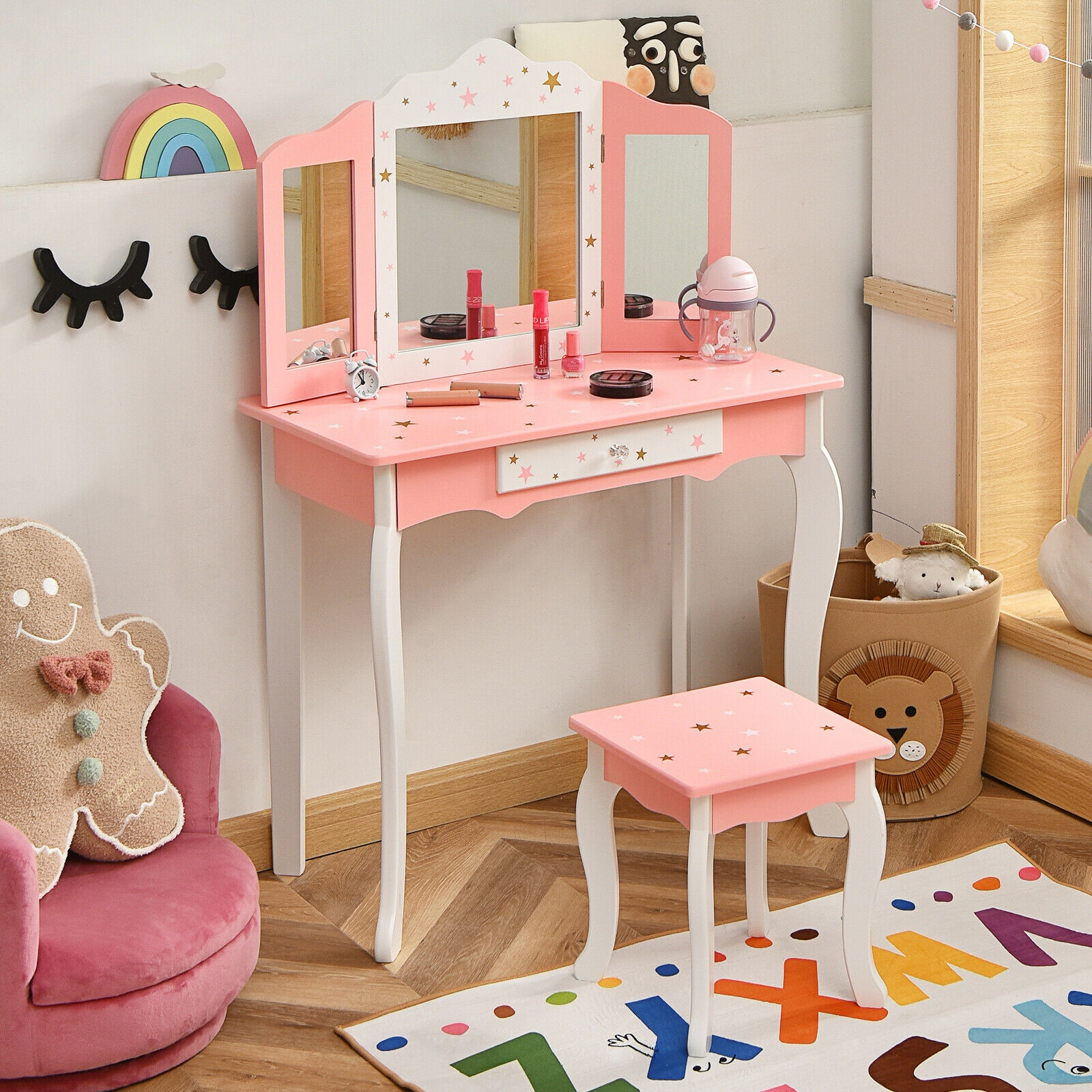 SUGIFT 2-in-1 Detachable Kids Princess Vanity Table and Stool Set with Tri-folding Mirror 44/88-lb Capacity Pink/White