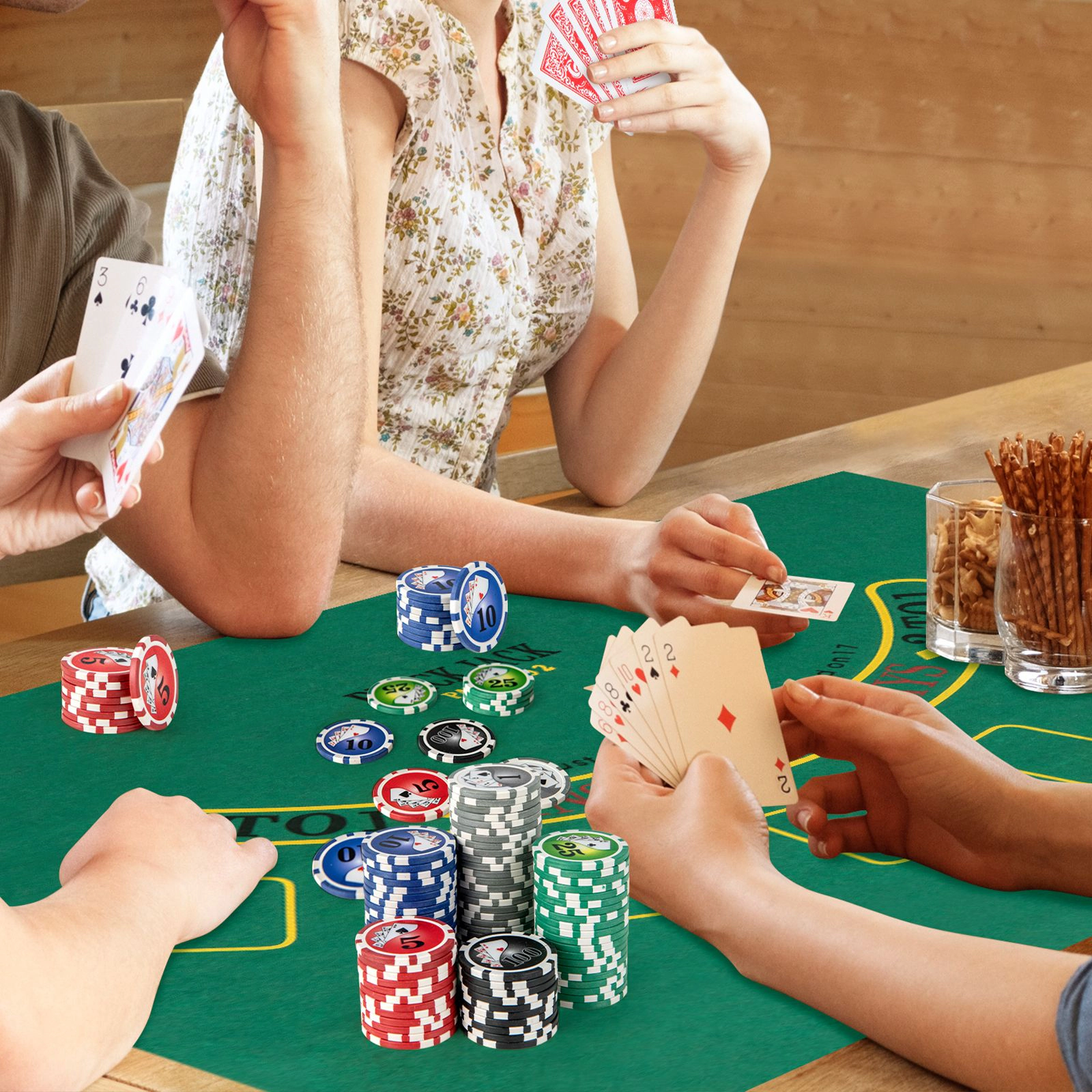SlickBlue Complete Poker Game Set with Chips, Cards, Felt Mat, and Dealer Button