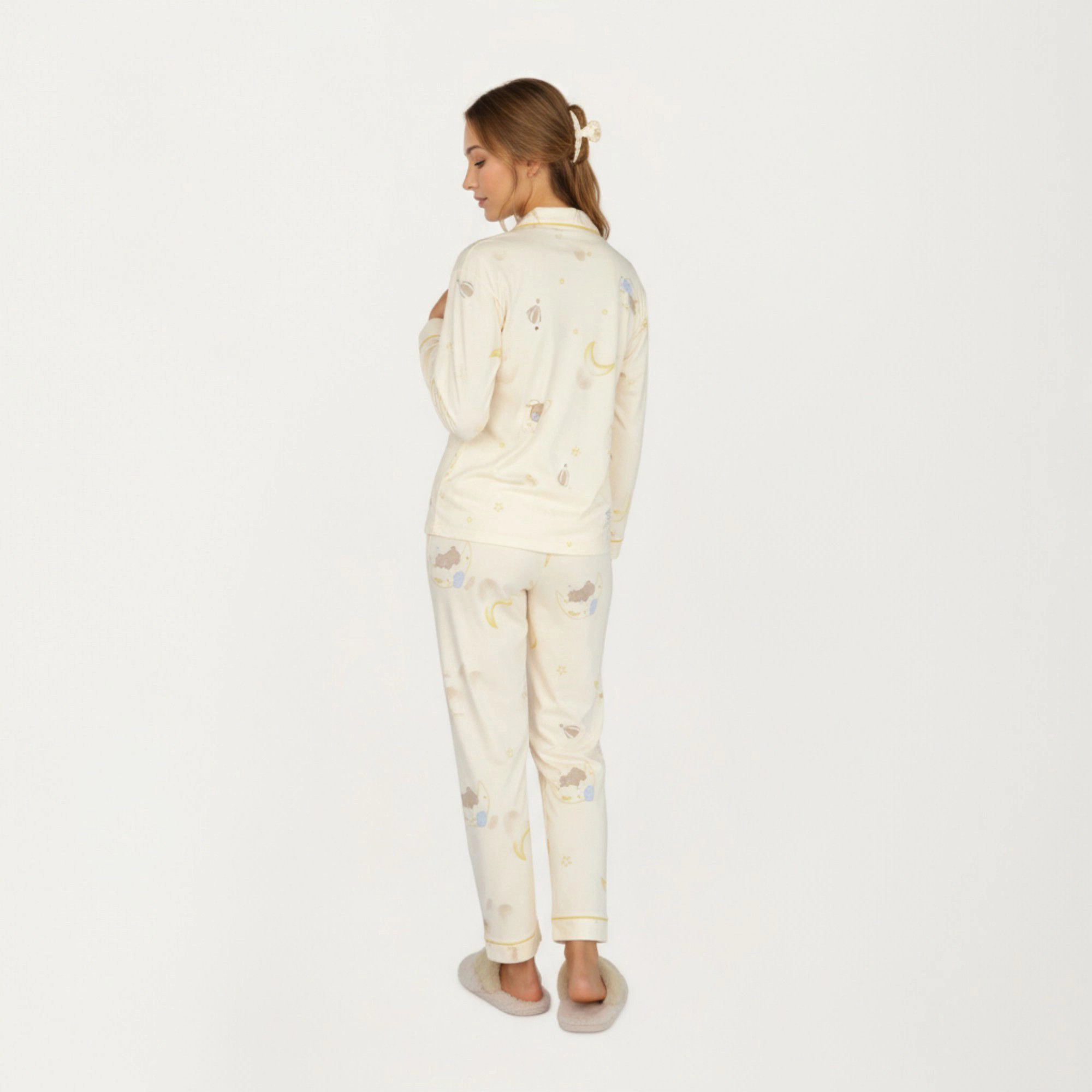 Anna-Kaci Women's 2-Piece Long Sleeve Button Front Top and Relaxed Fit Pants Pajama Set with Moon Star Print