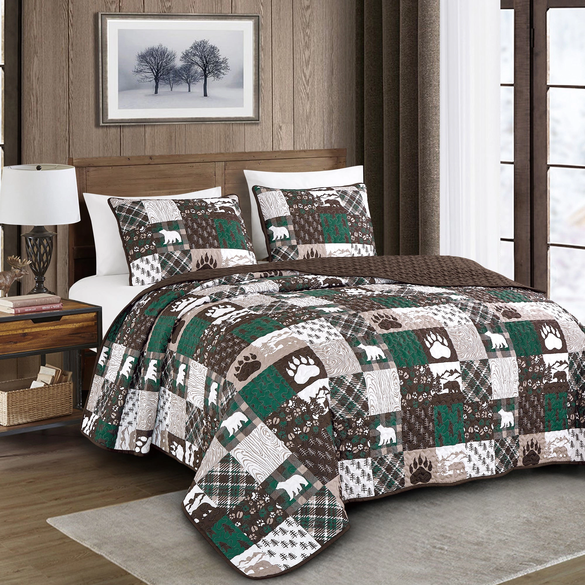 MarCielo 3 Piece Rustic Lodge Lightweight Quilt Set Bedspread – Patchwork Bear & Paw