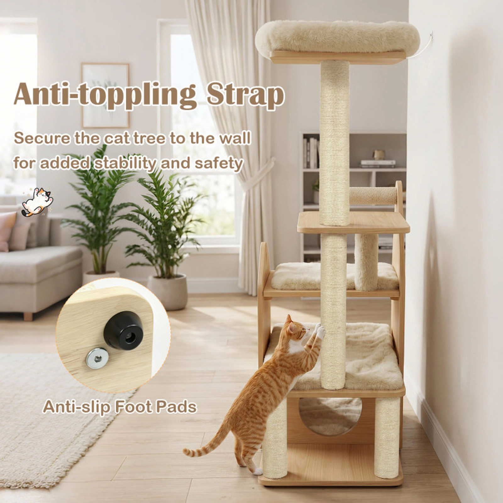 SUGIFT Beige Solid Wood Cat Tree with Padded Top Perch and Condo 23.5-in W 15.5-in D 48.5-in H 33-lb Per Layer