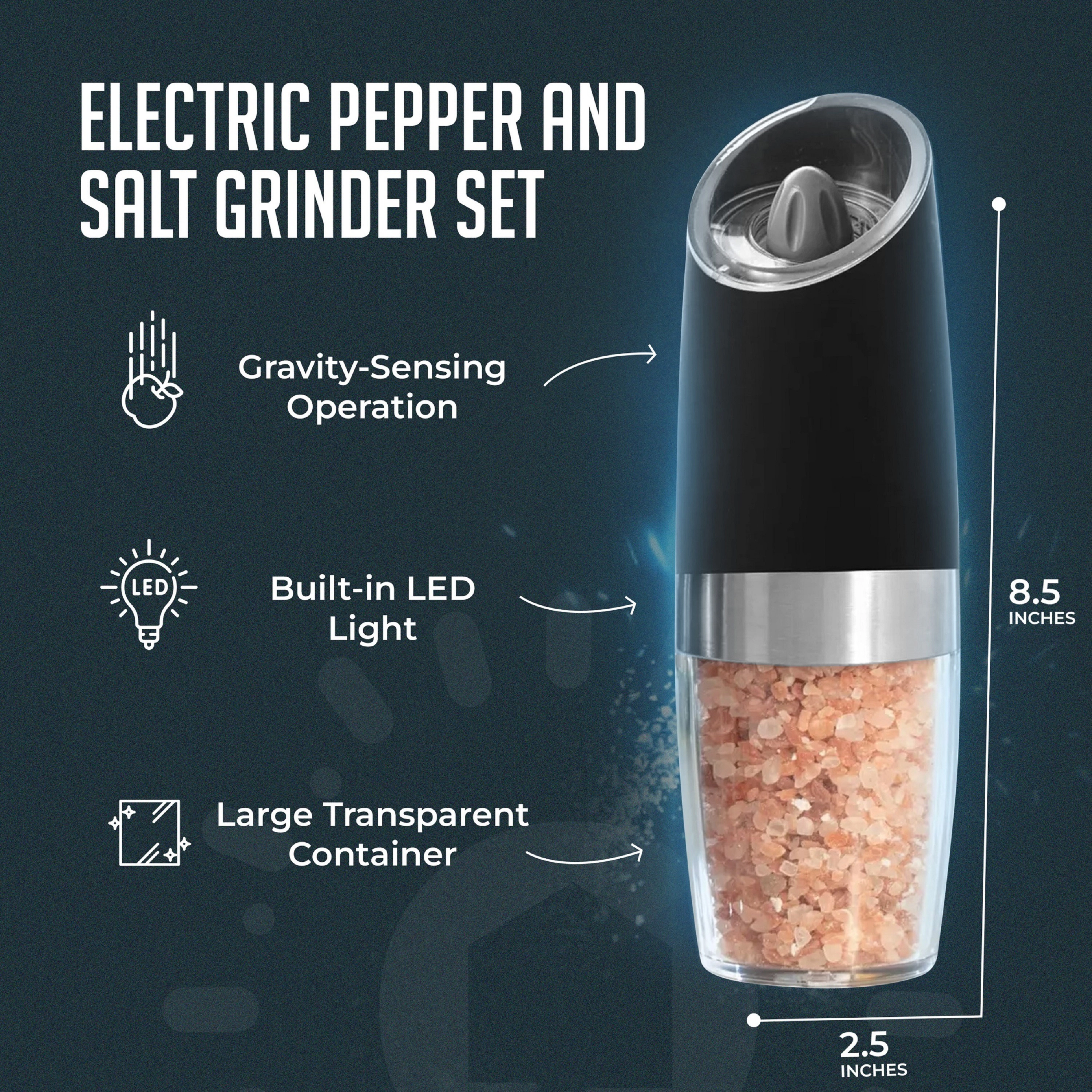 Luminuxe Gravity Electric Pepper and Salt Grinder Set – One-Handed Automatic Operation, Adjustable Coarseness, LED Light