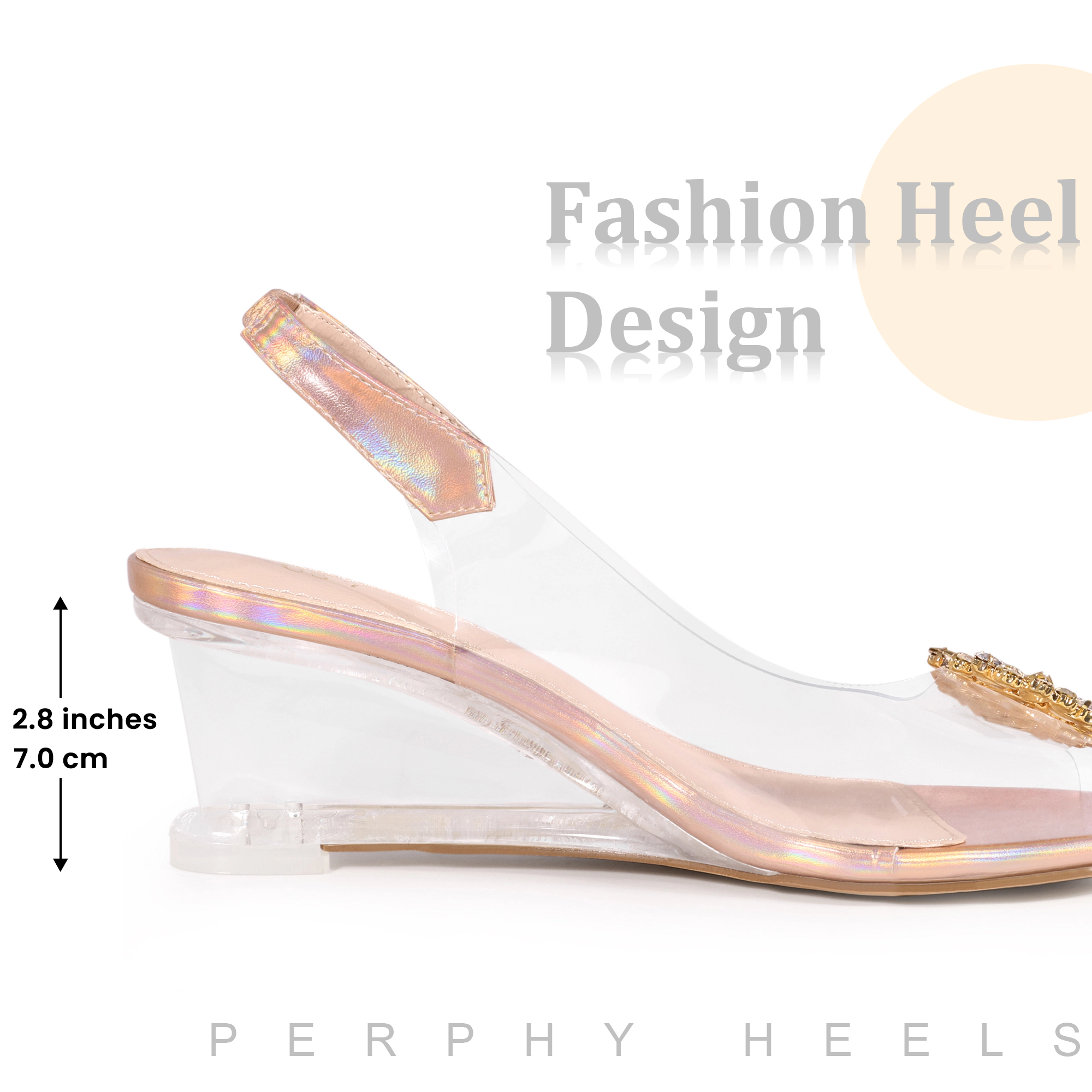 BLISSFUL STEP Women's Rhinestone Clear Peep Toe Wedge Heel Slingback Slip On Sandal