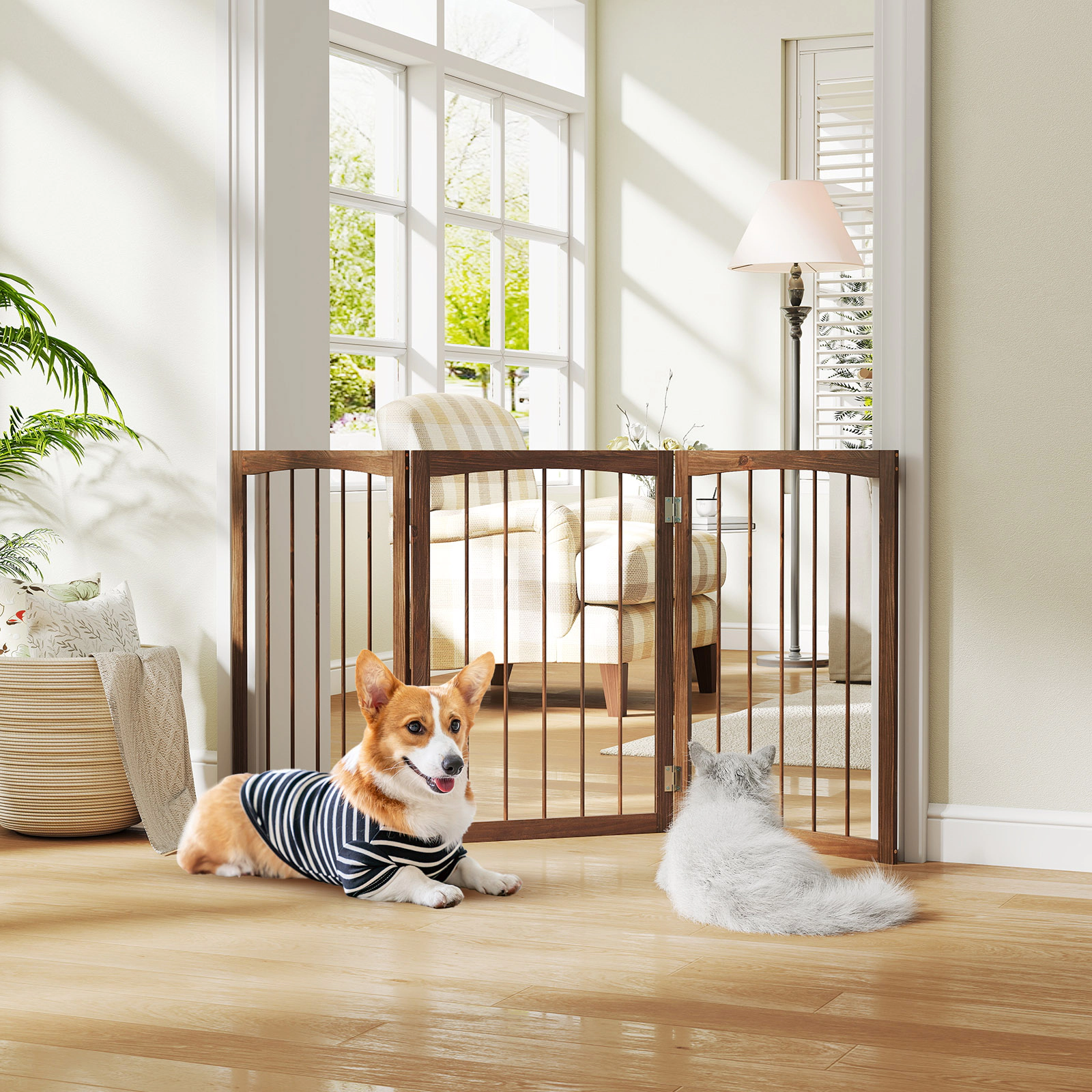 SUGIFT Brown 30 Inch Tall for Cats Small and Medium Dogs Wooden Pet Fence