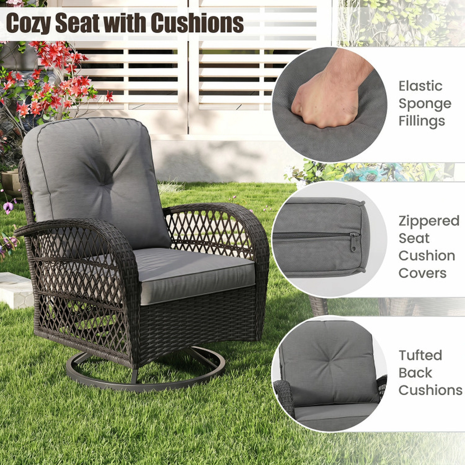 SUGIFT Patio Swivel Rocker Chair Set with Tempered Glass Side Table 400-lb Seat and 110-lb Table Capacity Dark Gray