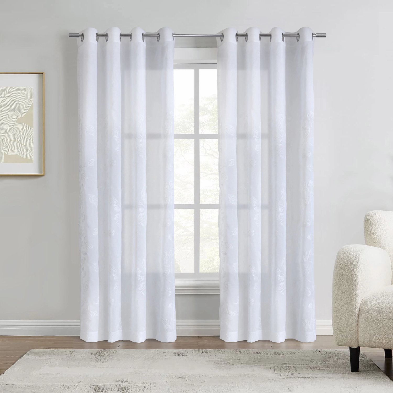 Habitat 100% Polyester Selina Sheer Grommet Leaf Embroidered Curtain Panel 52" x 84" White