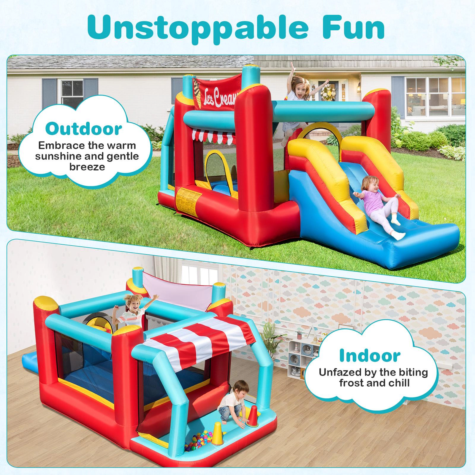 SUGIFT 5-in-1 Ice Cream Inflatable Bounce House with Slide and Ball Pit 100-lb Capacity Ages 3-10 Red/Blue/Yellow