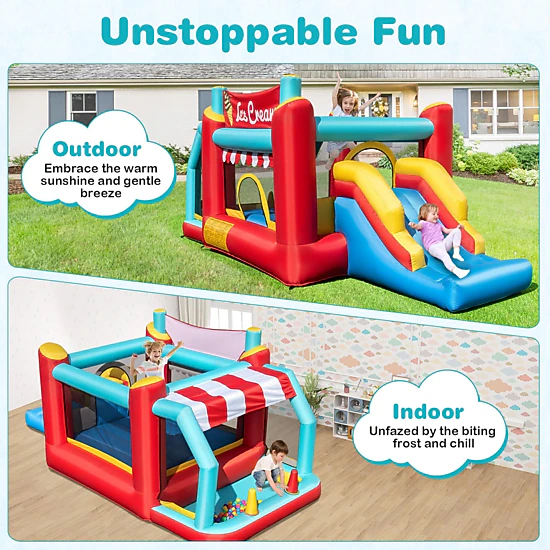 SUGIFT 5-in-1 Ice Cream Inflatable Bounce House with Slide and Ball Pit 100-lb Capacity Ages 3-10 Red/Blue/Yellow