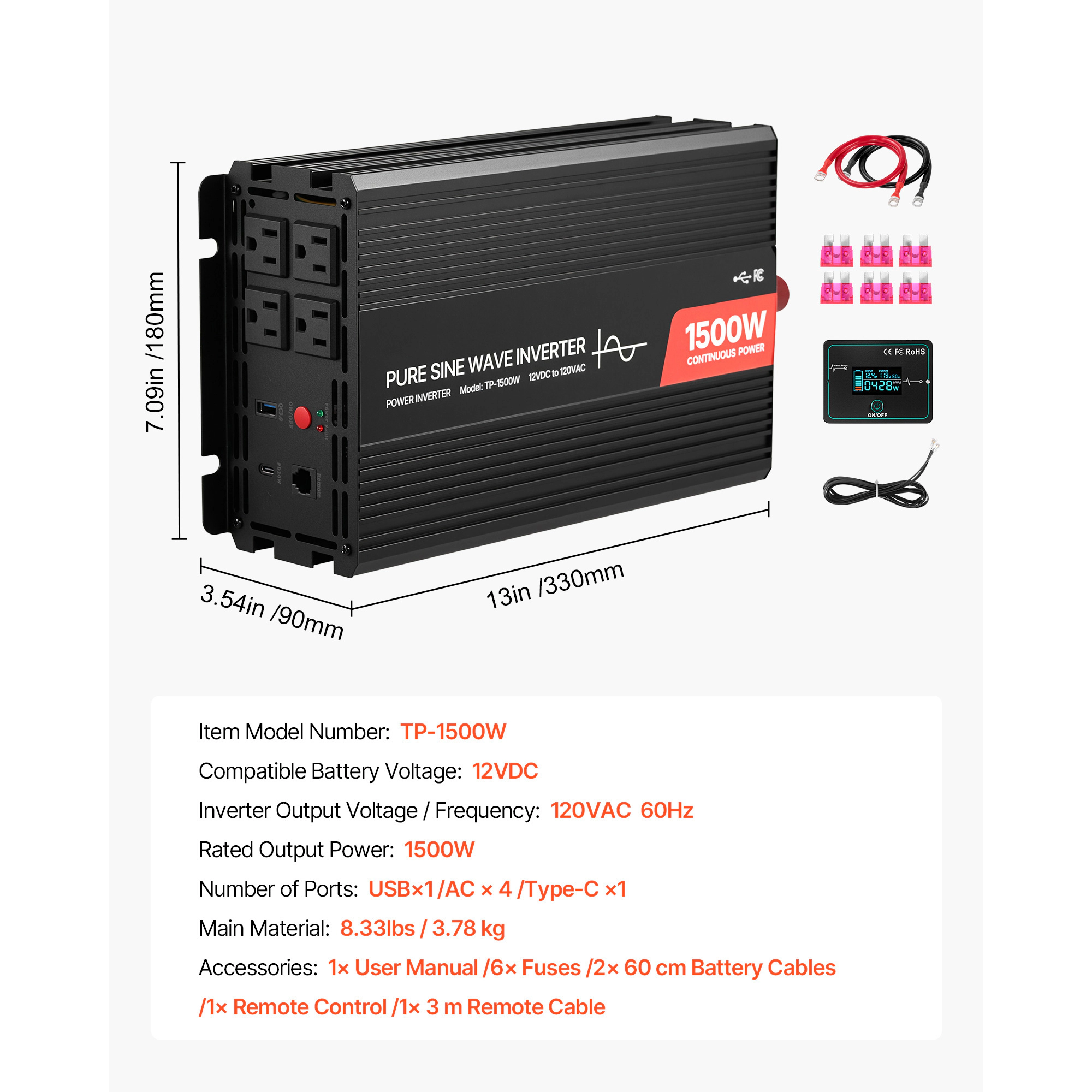 HONGGE Power Inverter, 12V DC to 120V AC Pure Sine Wave Car Charger Converter with Remote Control