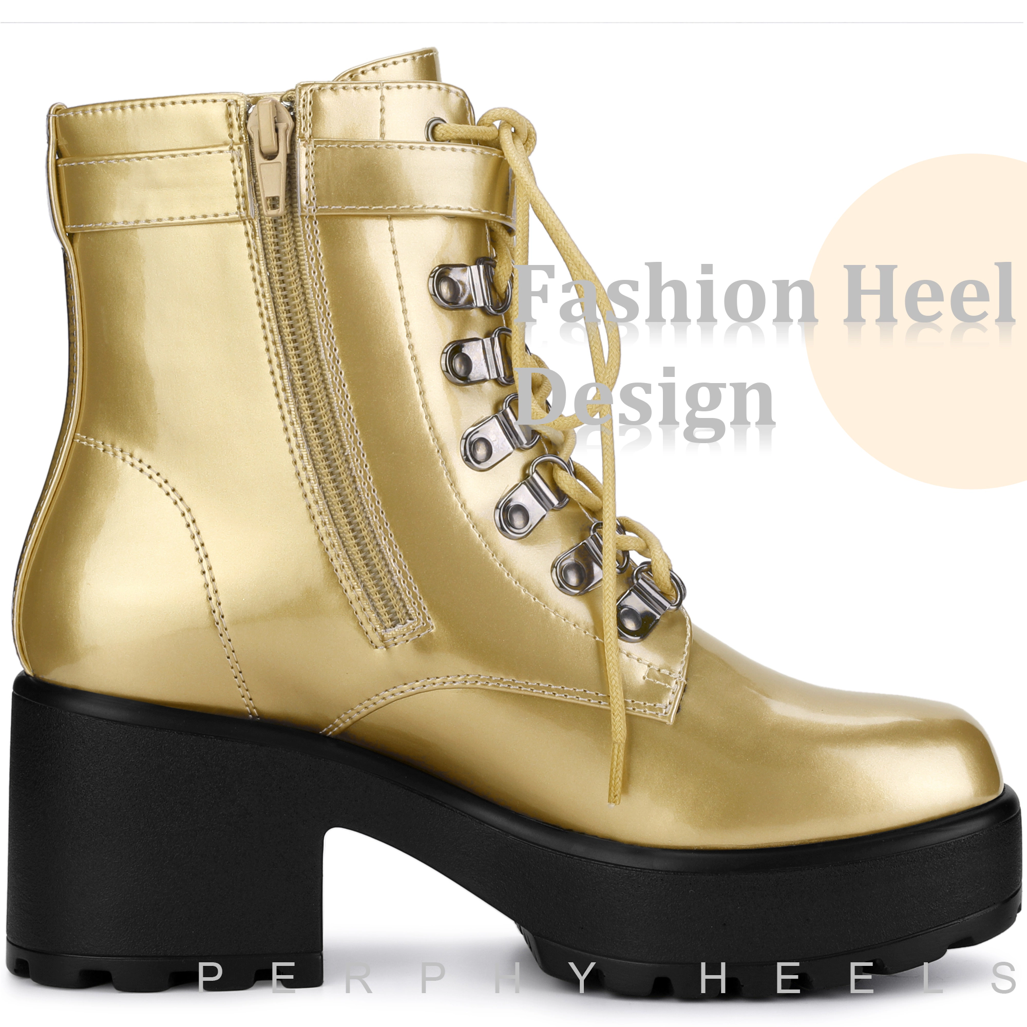 BLISSFUL STEP Women Faux Leather Round Toe Platform Chunky Heels Combat Boots