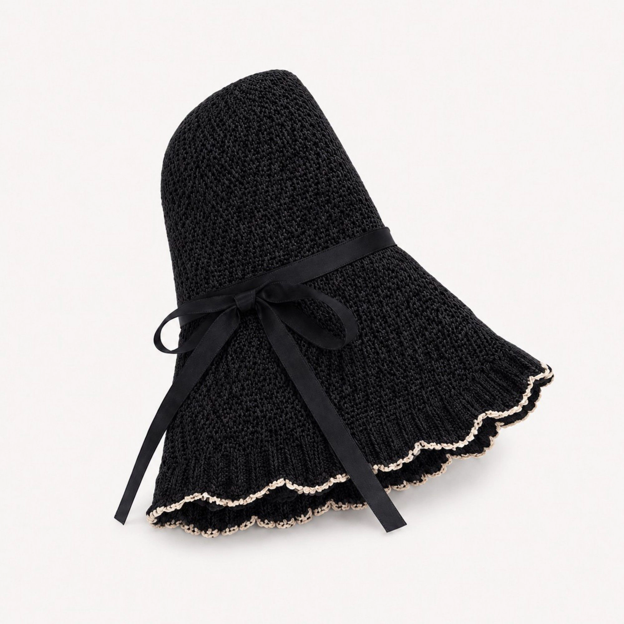 Alilang Women's Woven Bucket Hat with Scalloped Brim Ribbon Band and Bow Tie Accent