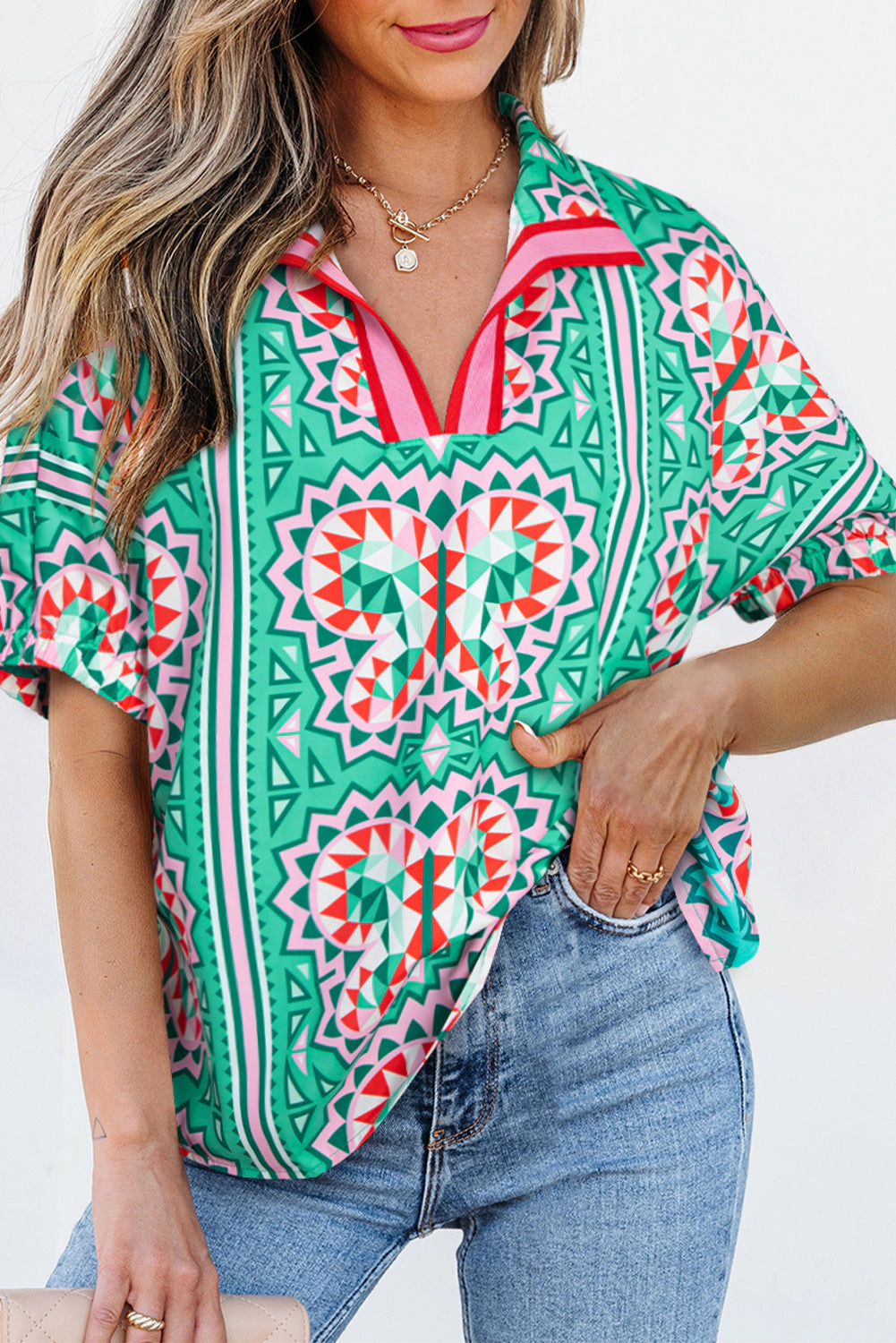 Threaded Pear Women's Kamiyah Boho Abstract Striped Collared V Neck Blouse