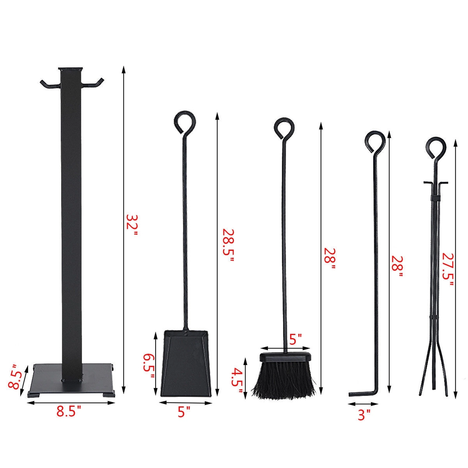 SUGIFT 5-Piece Side Hooks Rust-Resistant Steel Fireplace Tool Set 8.5-in x 8.5-in x 32-in Stand 14.5-lb Black