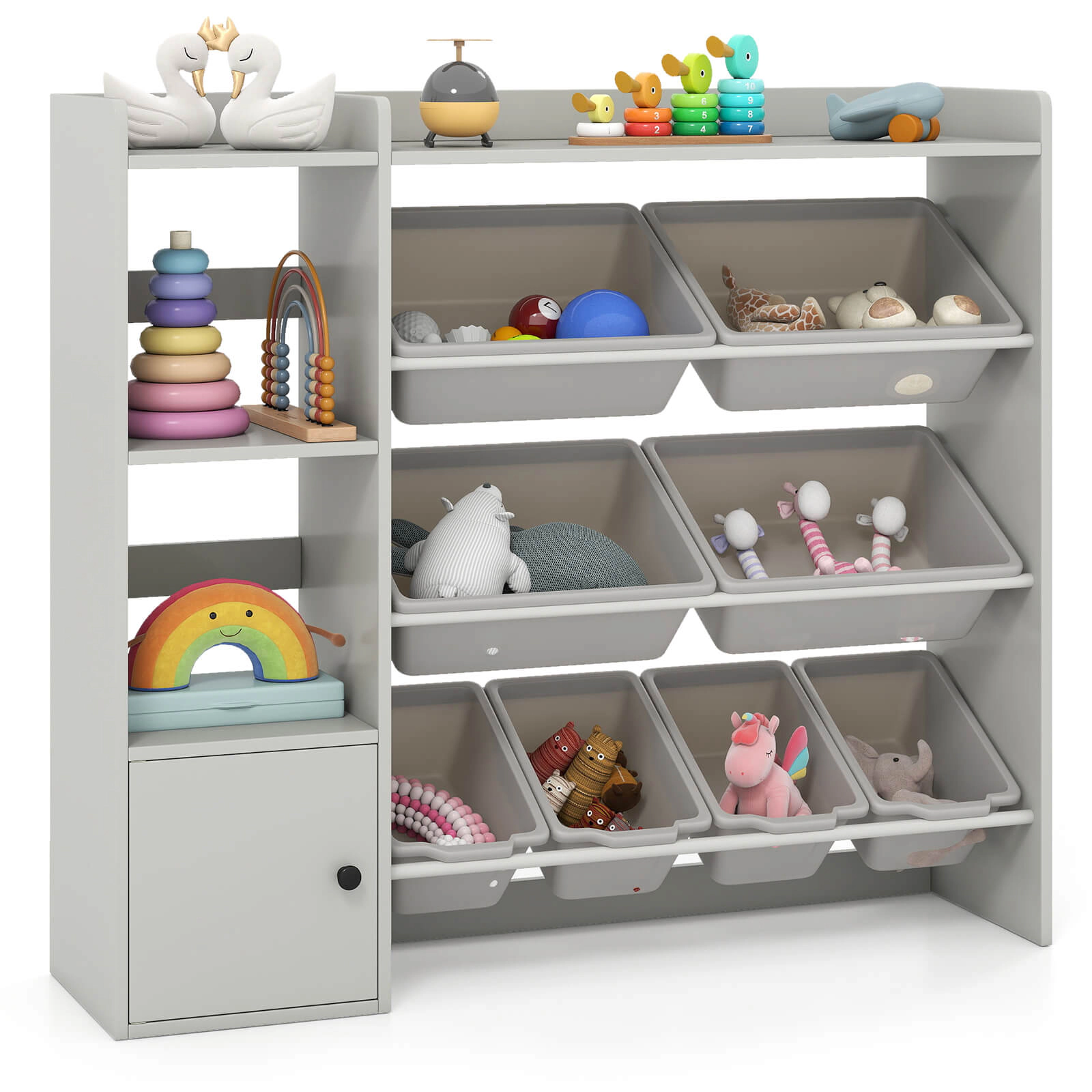 Costway Kids Toy Storage and Bookshelf, Wooden Bookcase with 4 Small Boxes & Large Gray