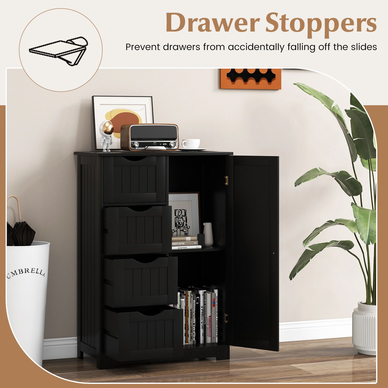 SUGIFT Standing Indoor MDF Engineered Wood Bathroom Cabinet with 4 Drawers and Side Door 143-lb Capacity Black