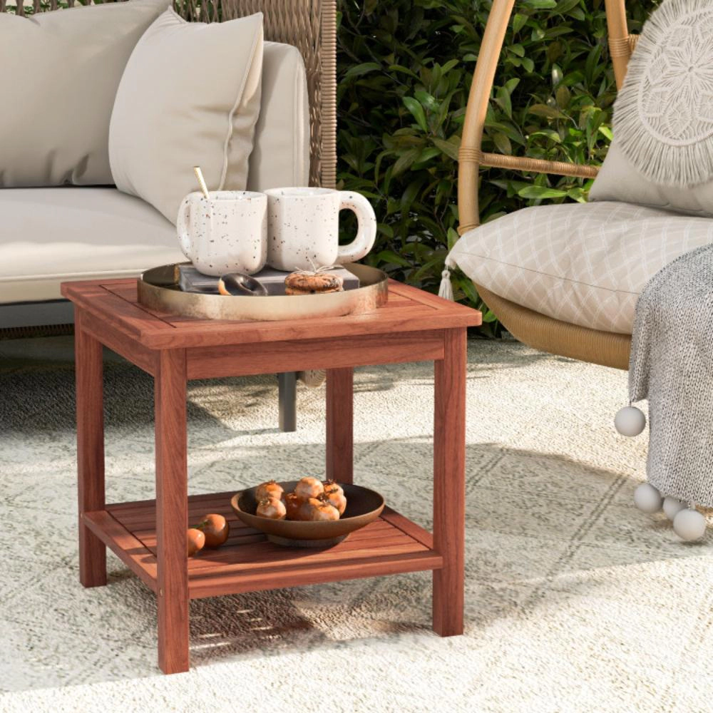 Hivvago Set Of 2 Double-Tier Acacia Wood Patio Side Table With Slatted Tabletop And Shelf