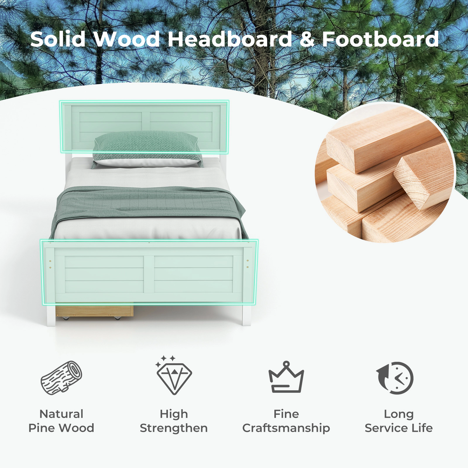 SUGIFT Twin Size Bed Frame with 2 Storage Drawers 350-lb Capacity 43-in Wide Wooden Slat Bed White