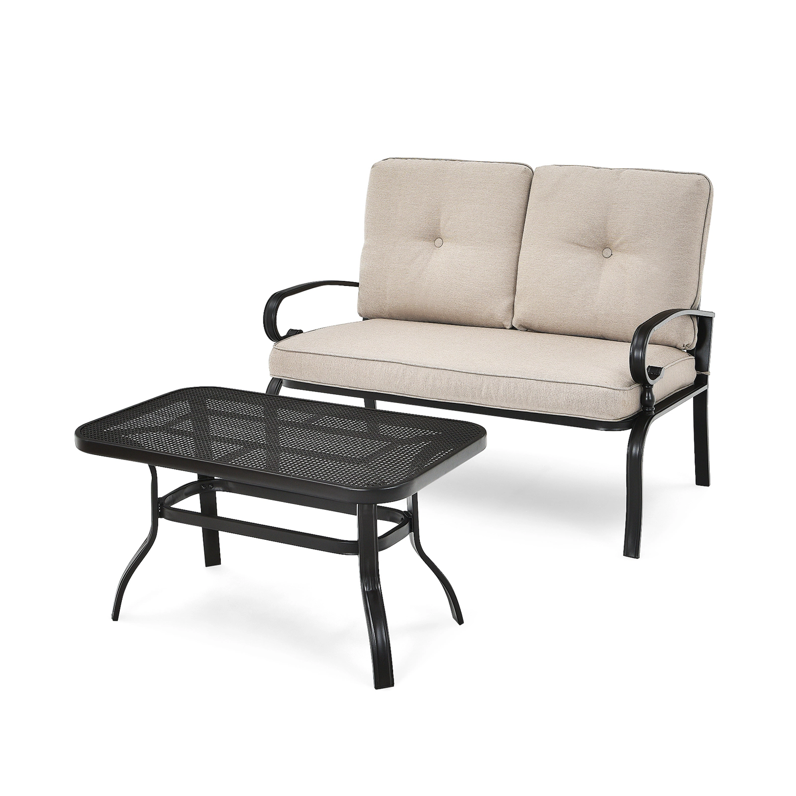 SUGIFT 2-Piece Steel Patio Conversation Loveseat Bench and Coffee Table Set 550-lb Capacity with Cushions Beige