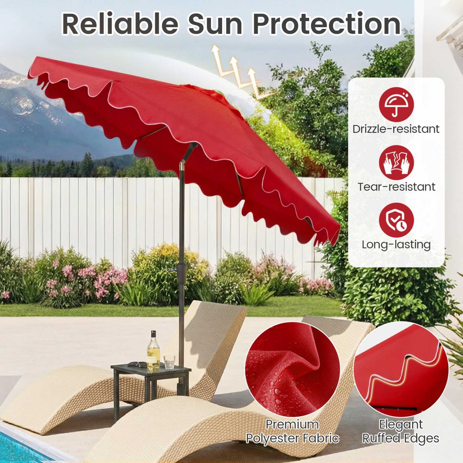 SUGIFT 9 ft Red Solar Patio Umbrella, Scalloped Canopy, 8 Ribs, Tilt, 1.5 in Pole, 2 Sandbags