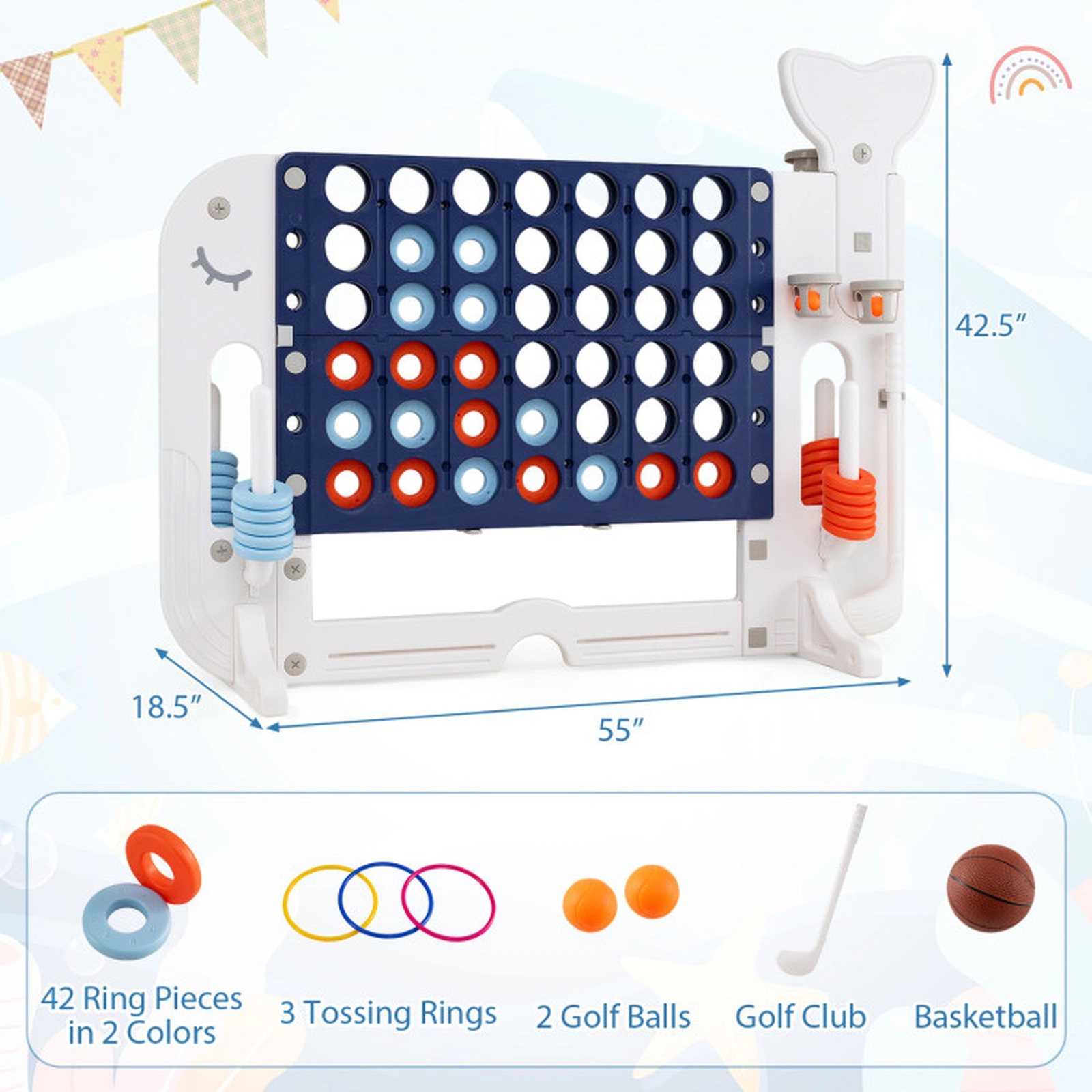 SUGIFT 55-in 4-in-1 Giant 4-to-Score HDPE Game Set with Ring Toss Basketball Golf and 2 Cup Holders Navy
