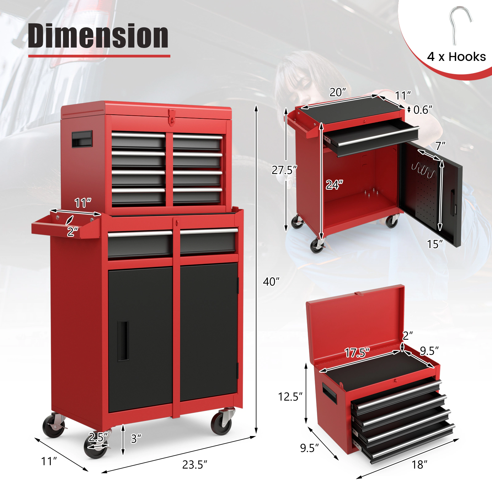 SUGIFT 2-in-1 Steel Tool Chest and Cabinet with 5 Sliding Drawers 220.5-lb Capacity Black & Red
