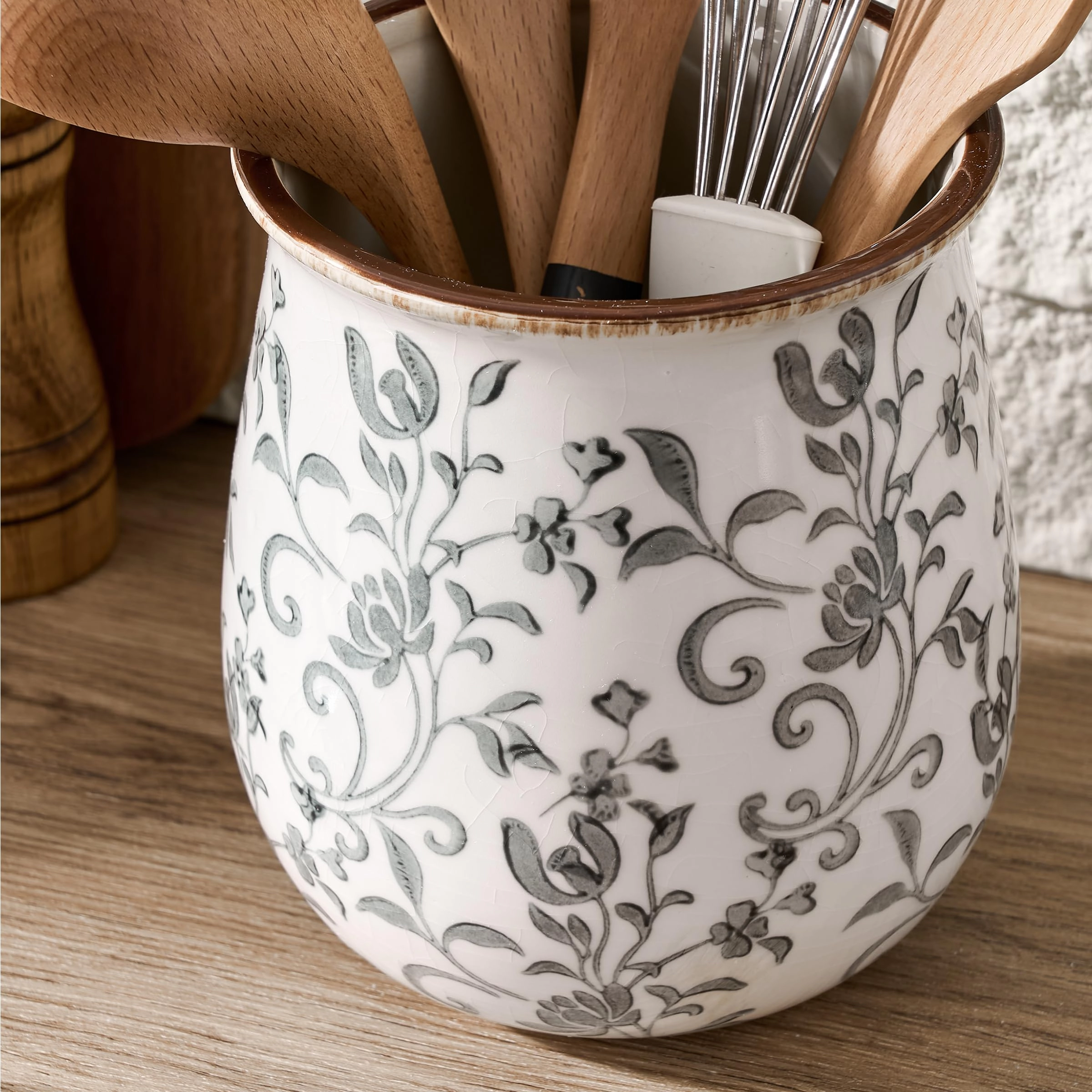 WZK Modern Farmhouse Ceramic Floral Kitchen Utensil Holder