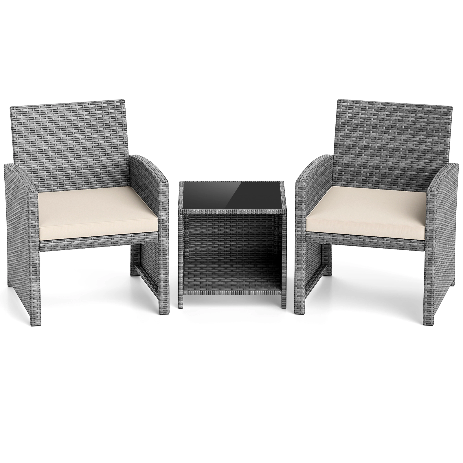 SUGIFT Tempered Glass Table and Seat Cushions 3-Piece White Patio Rattan Chair Set