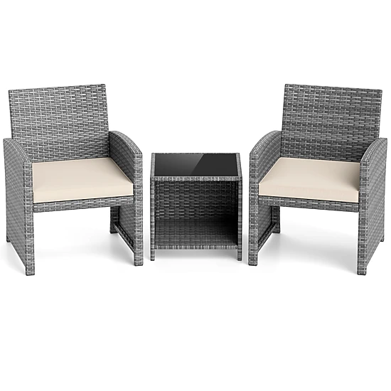 SUGIFT Tempered Glass Table and Seat Cushions 3-Piece White Patio Rattan Chair Set