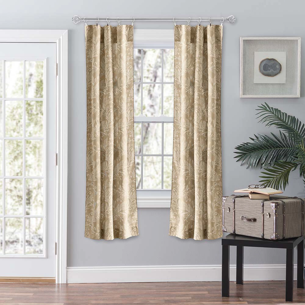 Ellis Curtain Lexington Leaf Pattern on Colored Ground Curtain Pair with Ties 56"x63" Tan