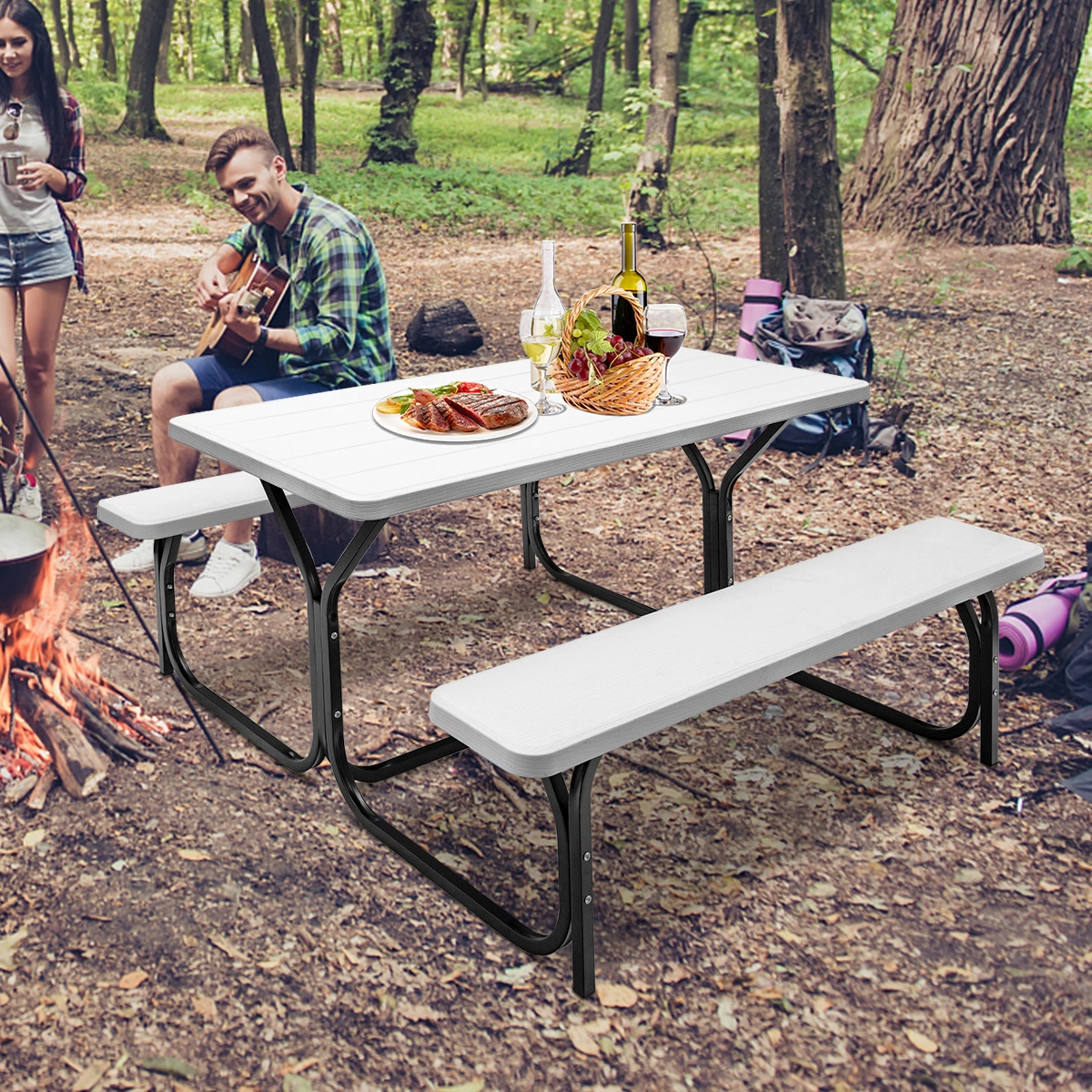SUGIFT 54-In White Polyethylene Picnic Table with Attached Benches, 6 Seats