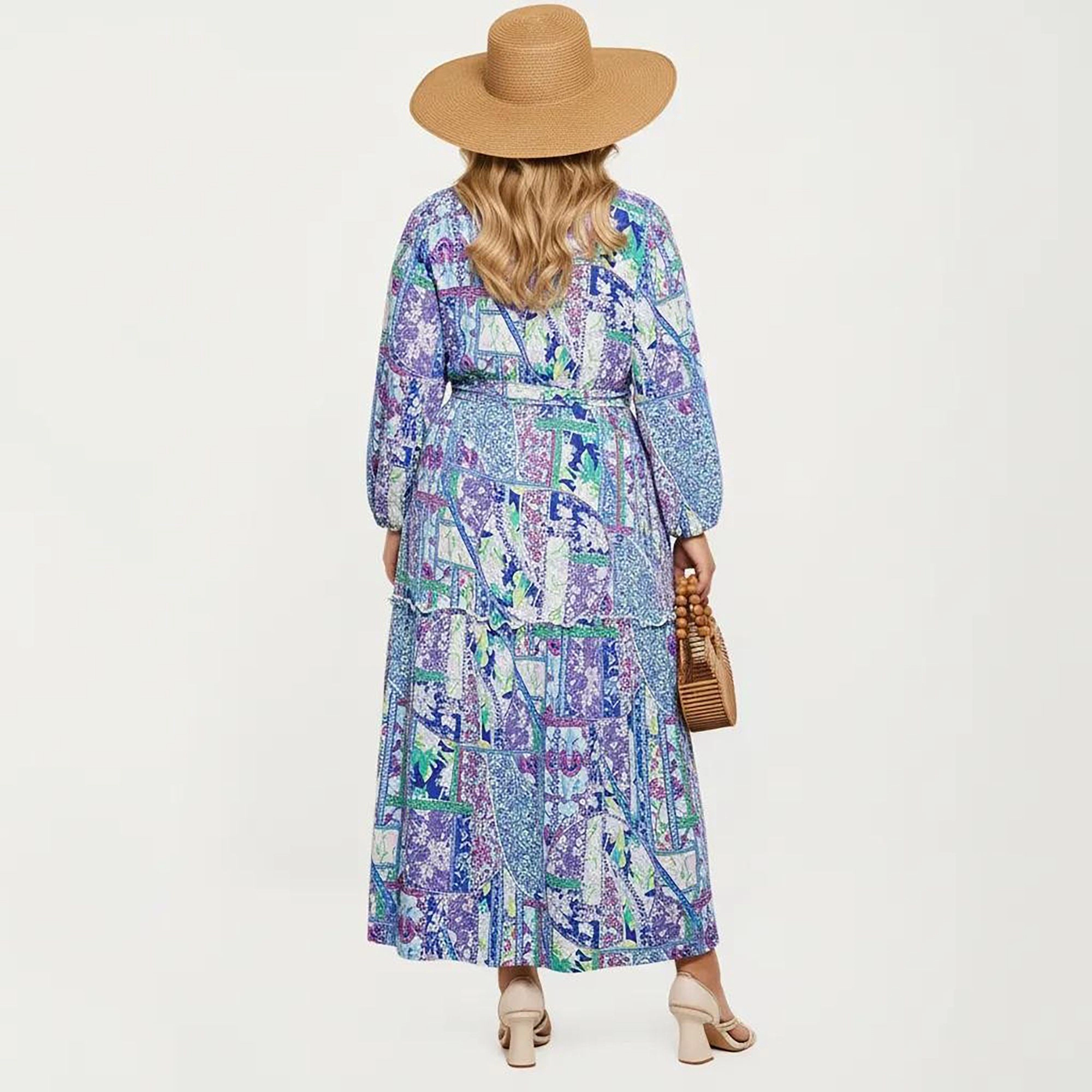 Anna-Kaci Women's Plus Patchwork Print Long Sleeve V Neck Waist Tie Tiered Skirt Maxi Dress
