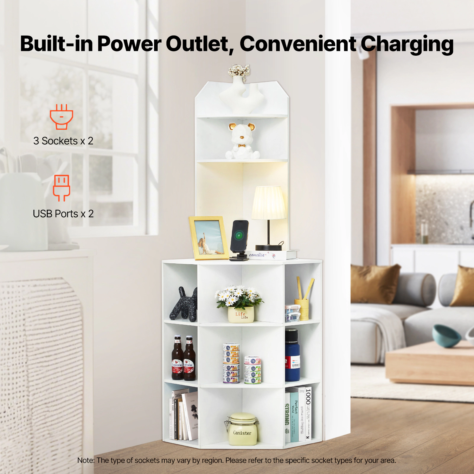HONGGE Freestanding Corner Storage Cabinet with Wooden & Adjustable Shelves for Kitchen Living Room Laundry Room