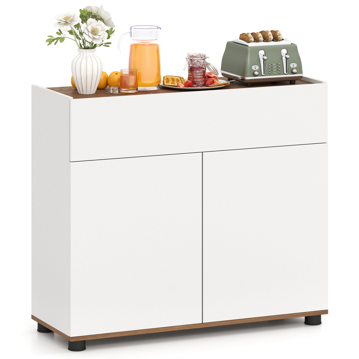 SUGIFT 31.5-in 88-lb Countertop White Wooden Sideboard Buffet Cabinet with Push-to-Open Doors and Wide Drawer
