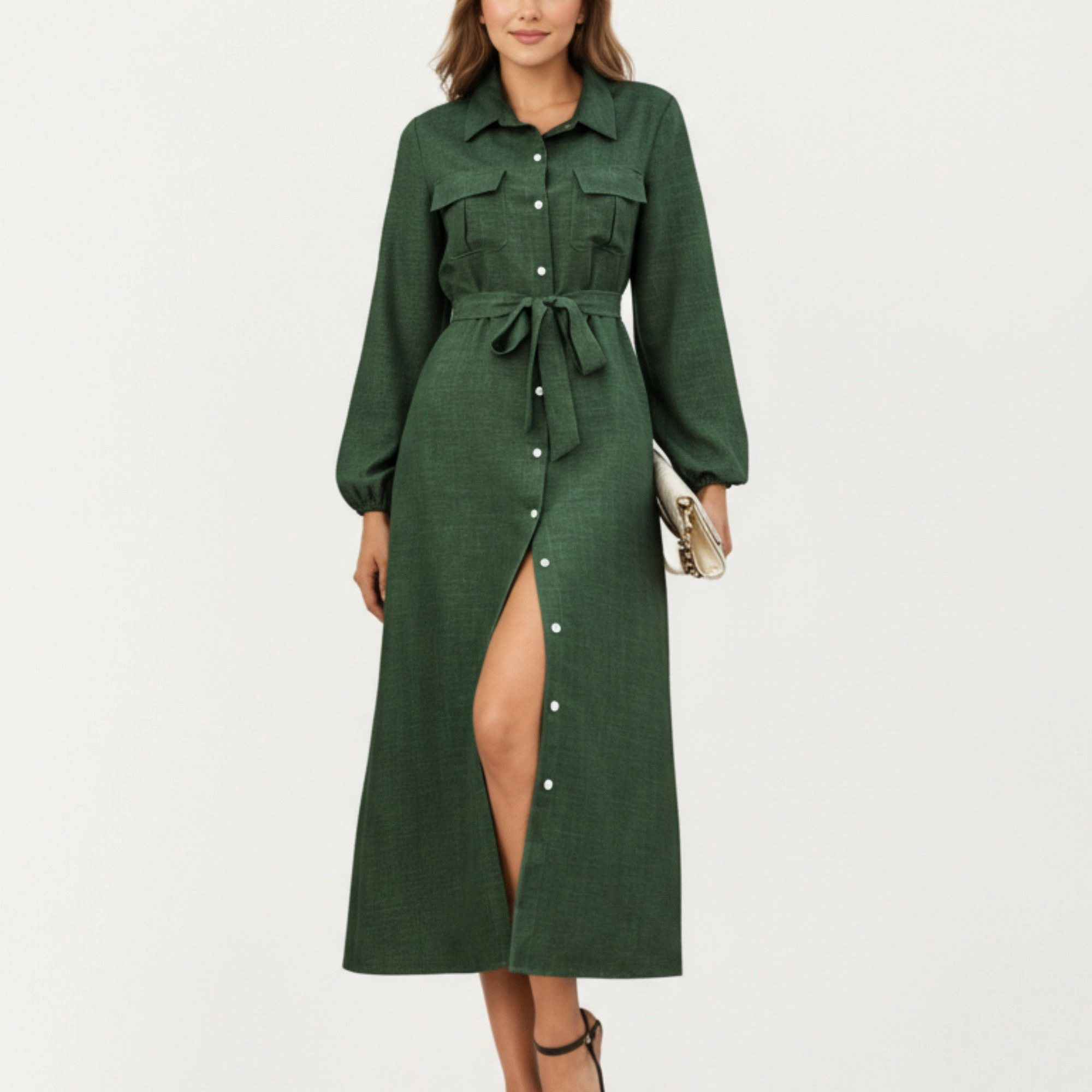 Anna-Kaci Women's Long Sleeve Button Front Waist Tie Utility Pockets Midi Dress