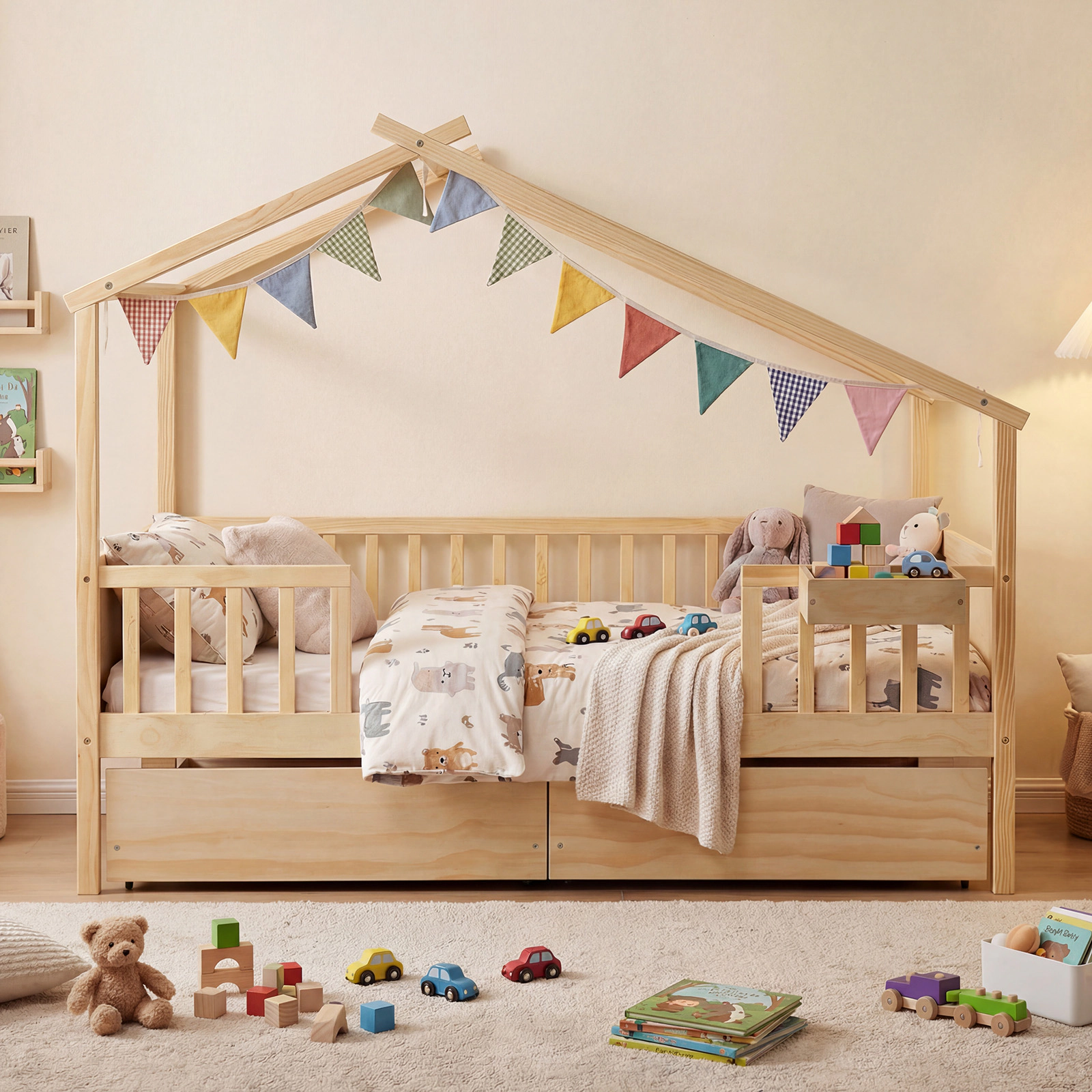 LJG Full House Bed with Roof and Fence Rails for Kid