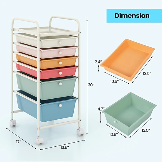 SUGIFT 6-Drawer Rolling Storage Cart Organizer File Cabinet with 2 Deep and 4 Shallow Drawers Macaron Multicolor