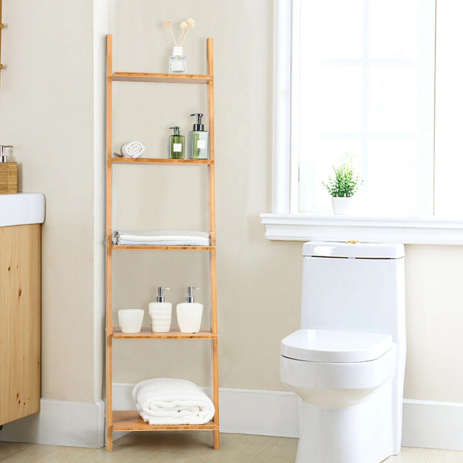 SUGIFT 5-Tier Natural 65-in Tall Leaning Bamboo Ladder Shelf Bookshelf with Display Rack and Plant Shelf